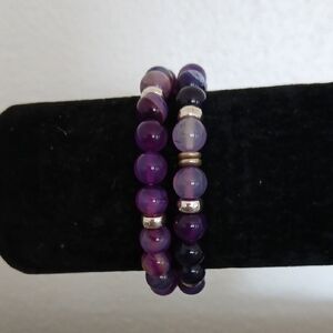 Natural Amethyst Gem Stone  Beaded Bracelet Set Of 2